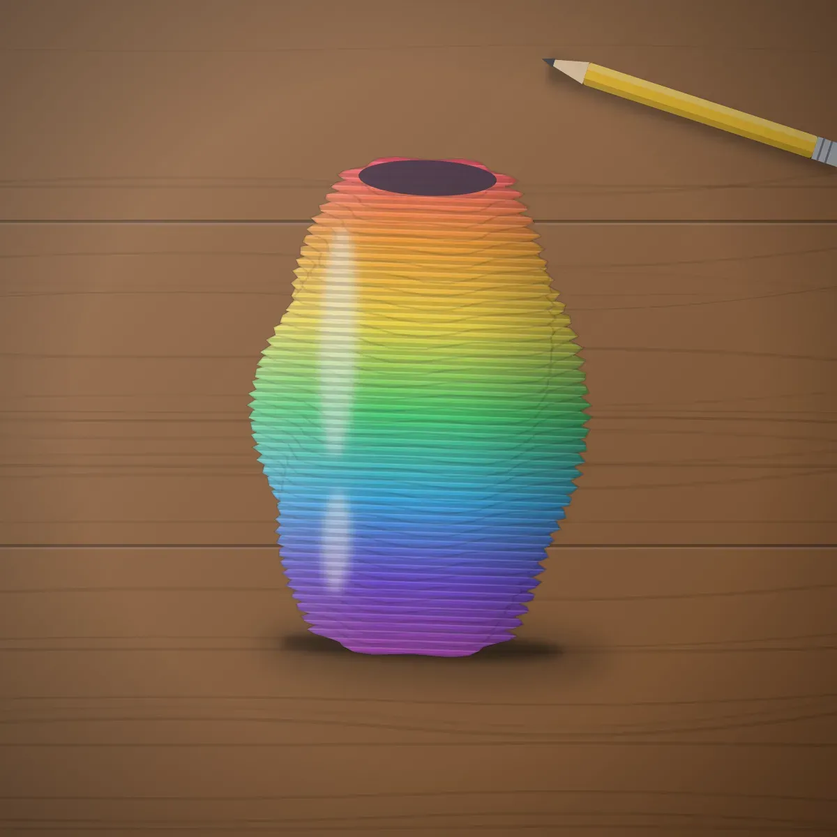 Vaso às cores do arco-íris, com camadas onduladas, sobre madeira